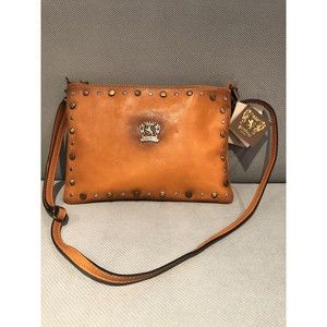 Pratesi Firenze Clutch Crossbody Italian Leather Wristlet Cognac Studded New